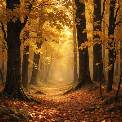 The primary subject of the image is a path surrounded by trees with yellow leaves. The setting is a forest, and the visual style is a photo. The dominant colors are yellow and orange, creating a warm and inviting atmosphere.